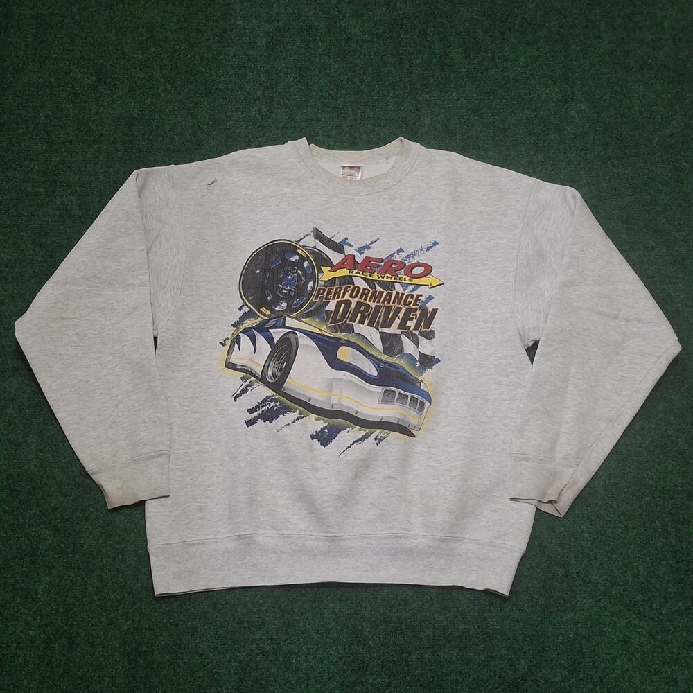 Vintage 90s Aero Race Wheels Size XL Racing Crewneck Sweatshirt Distressed Gray